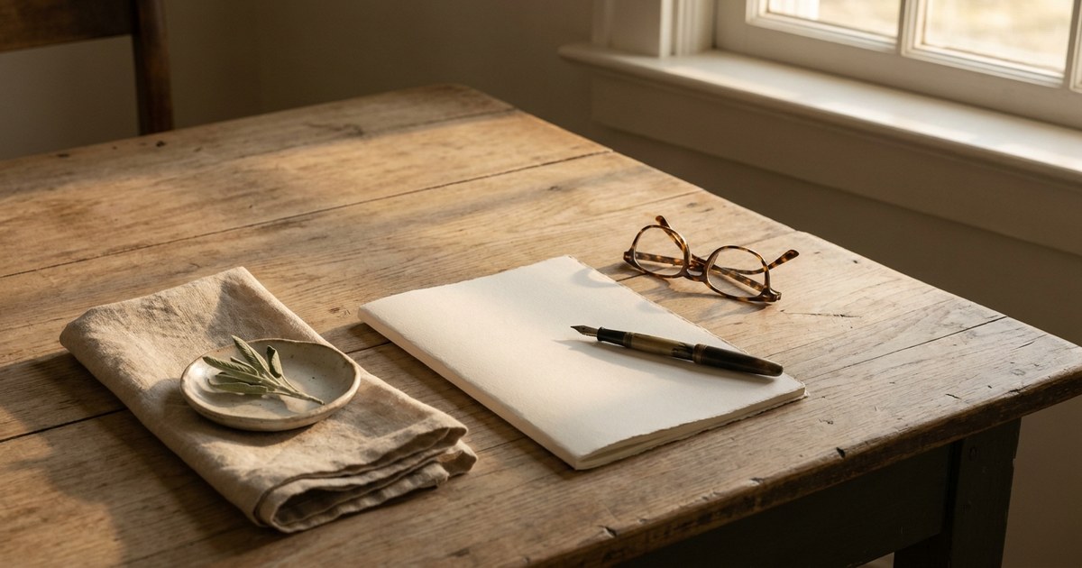 Holztisch mit Leinentuch, Salbei-Zweig auf Keramikschale, Vorsorge-Dokument mit Füller und Lesebrille im warmen Nachmittagslicht