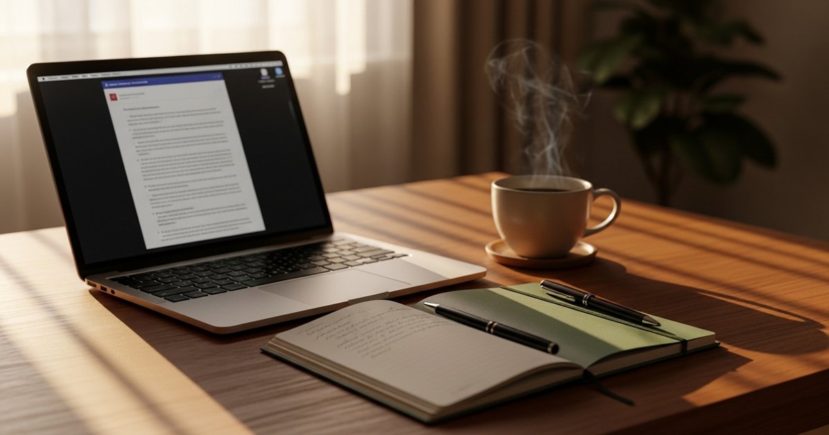 Laptop auf Holztisch mit Notizbuch — digitalen Nachlass regeln