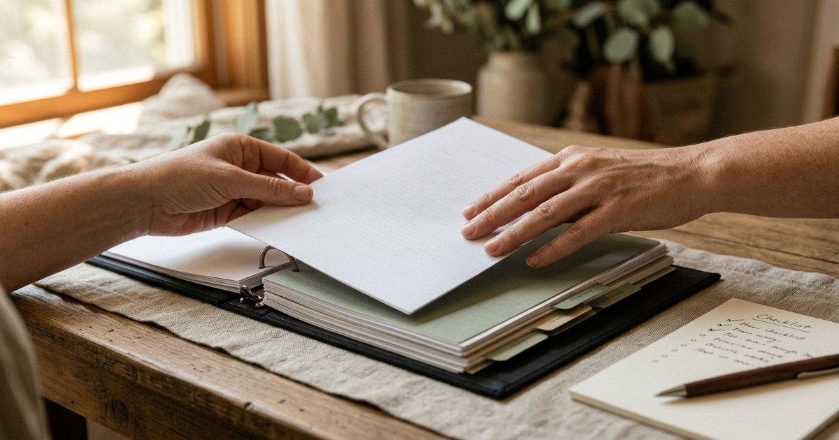 Zwei Hände sortieren in Ruhe ein Dokument in einen Notfallordner mit Registerkarten ein, daneben eine handgeschriebene Checkliste auf hellem Papier