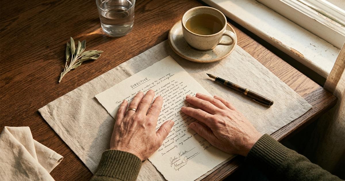 Hände, die eine ausgefüllte Patientenverfügung auf einem Holzschreibtisch halten, warmes Morgenlicht