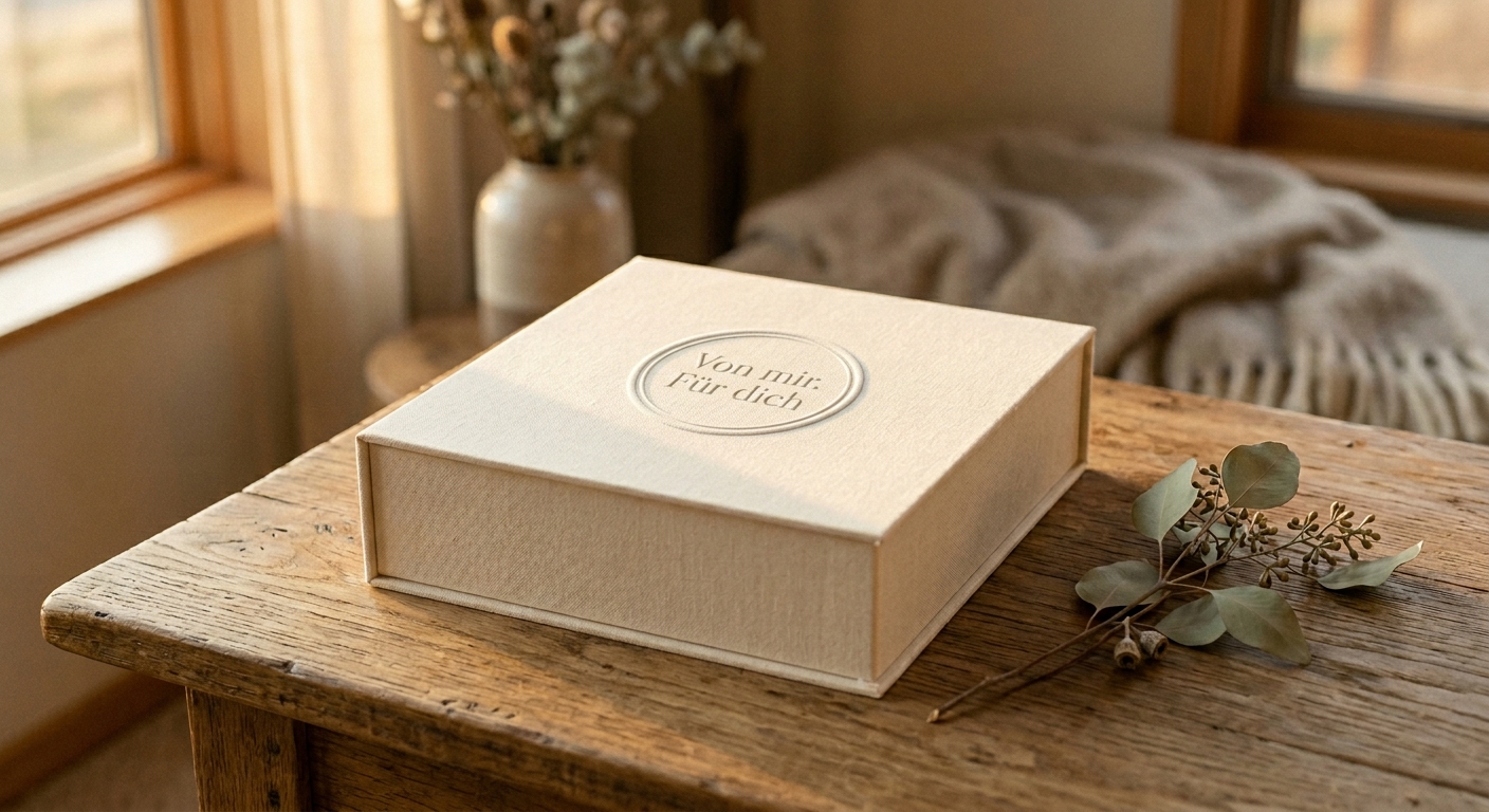 Von mir. Für Dich. — Die Vorsorge-Box auf einem Holztisch in warmem Licht
